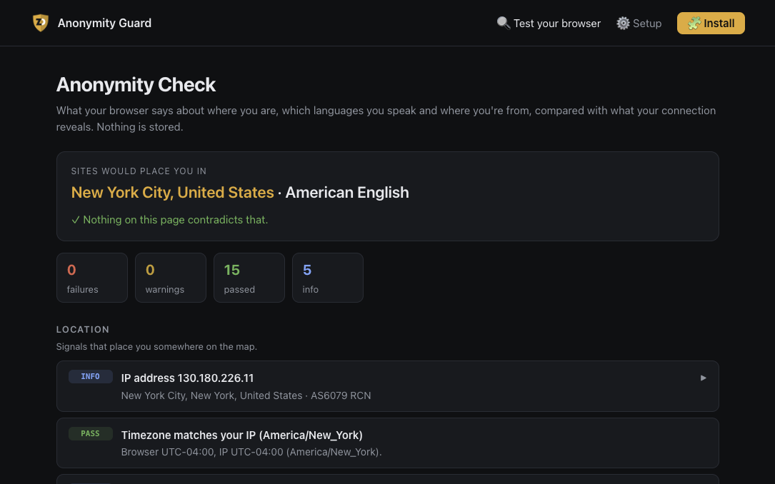 Anonymity Check results: 0 failures, IP in New York City