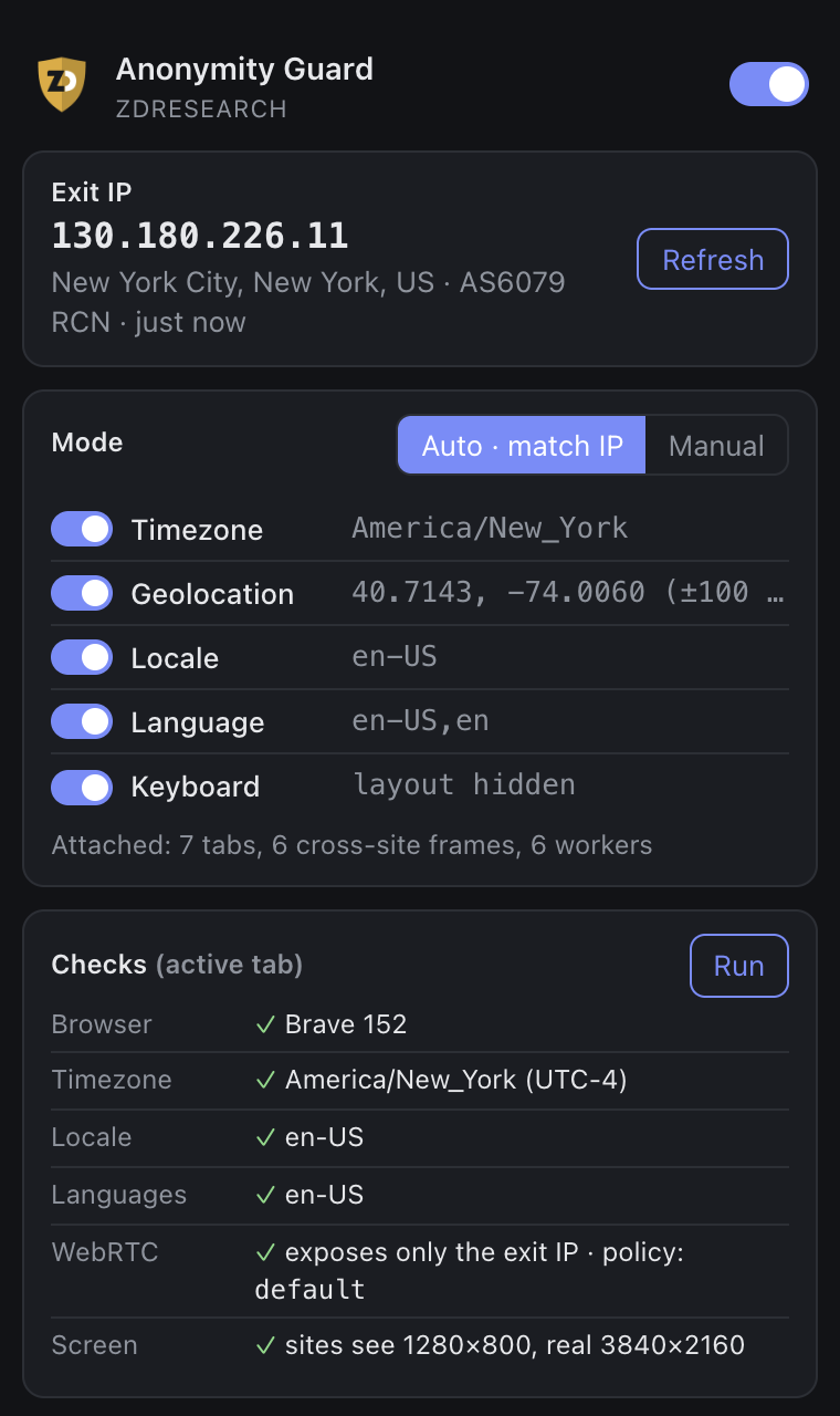 Anonymity Guard popup: exit IP in New York, timezone, geolocation, locale and language matched